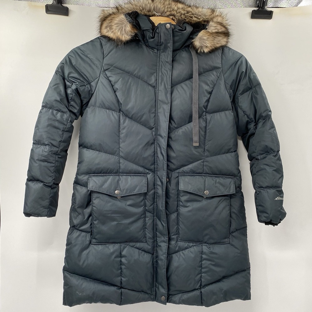 Eddie Bauer Down Parka Women XL Dark Gray Faux Fur‎ Hood Quilted Puffer Jacket